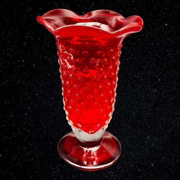 Vintage Set of 2 Art Glass Hand Blown Ruby Red Hobnail Bud Vases 6”T 3.75”W - Picture 6 of 11